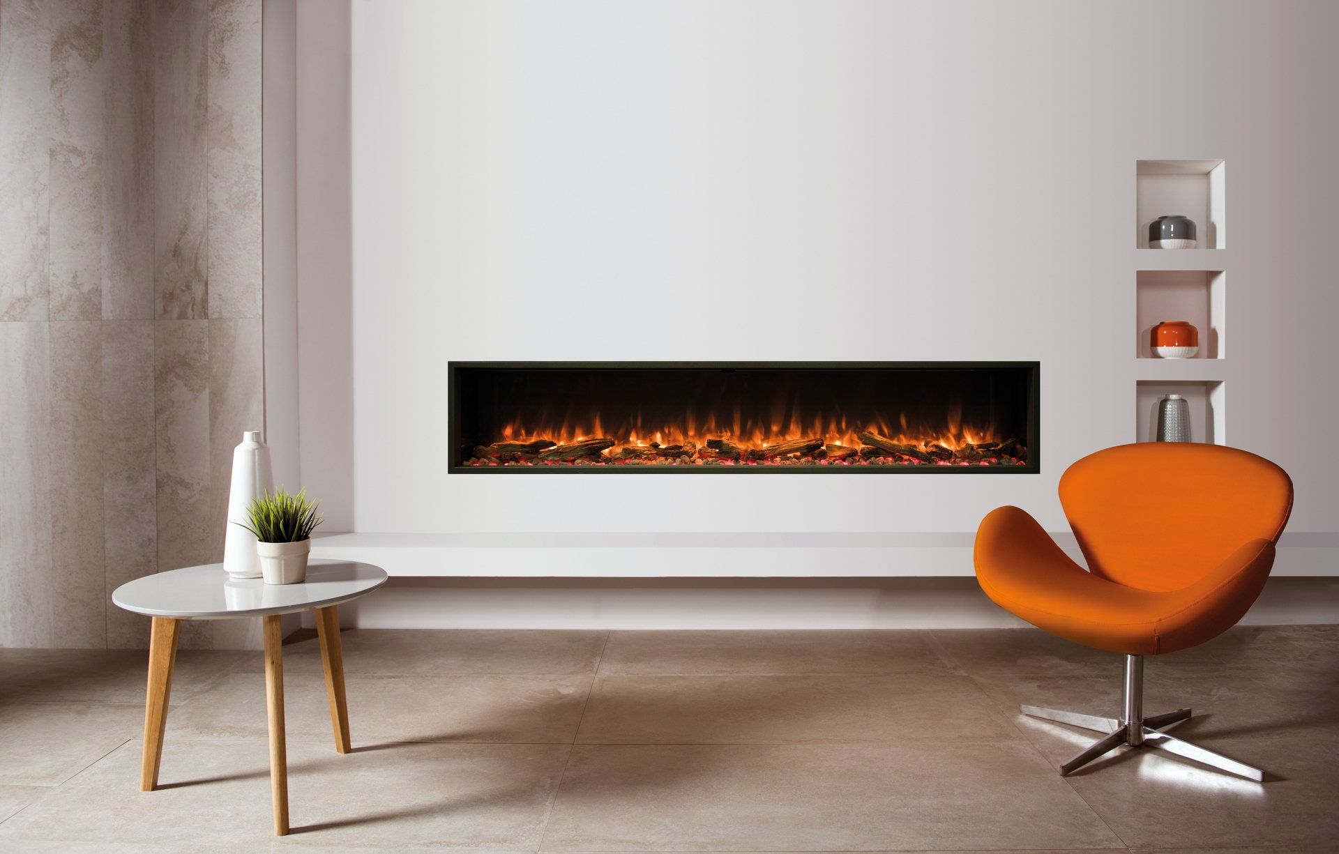 Modern living room with fireplace, orange chair, small table. White walls, concrete floor, shelves.