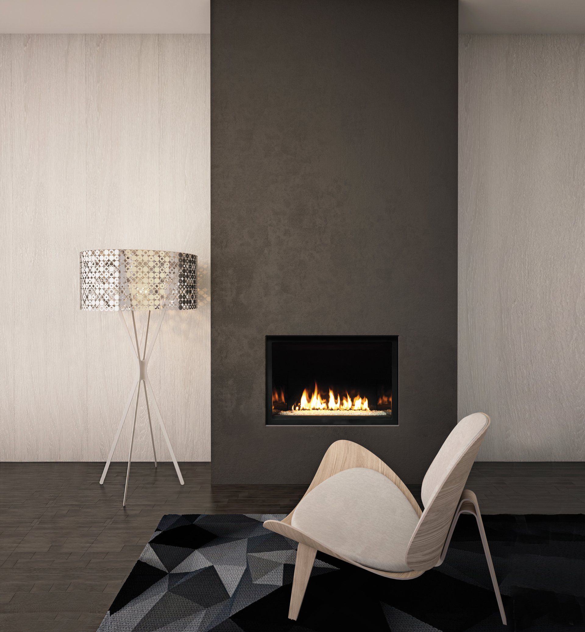 Modern living room with a fireplace, chair, and floor lamp. Dark accent wall with fire.