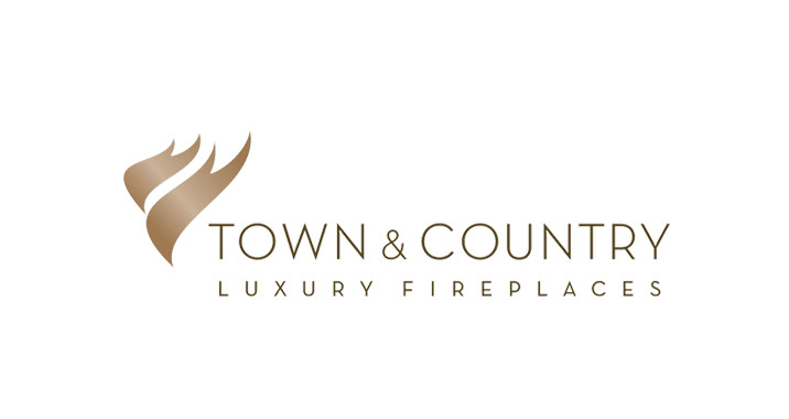 Town & Country Luxury Fireplaces logo: stylized gold flame icon next to text 