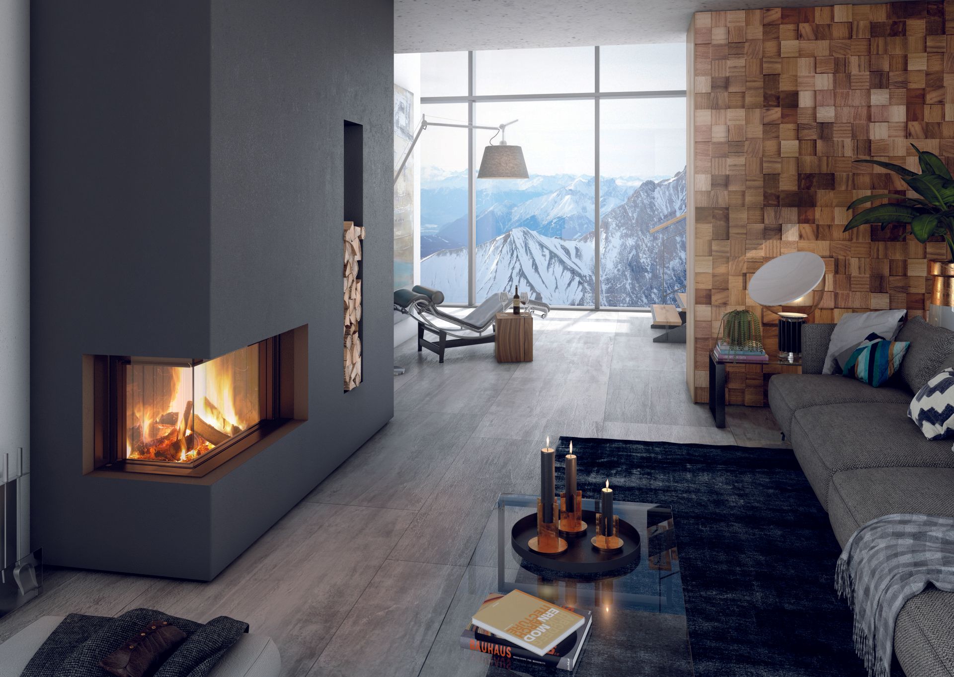 Cozy modern living room with fireplace, mountain view, wooden accent wall, and gray sofa.