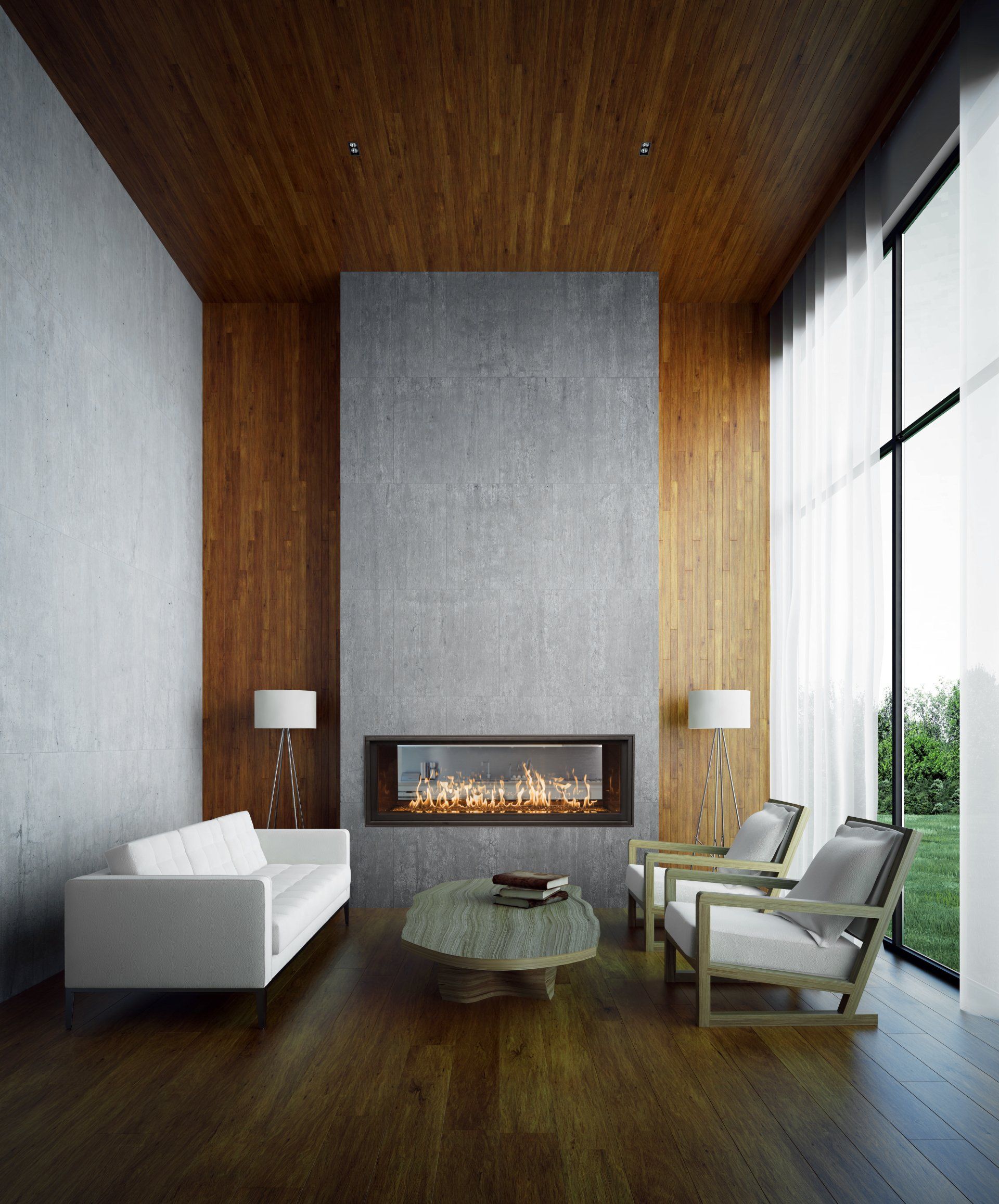 Modern living room with fireplace, white furniture, wooden paneling, and large windows.