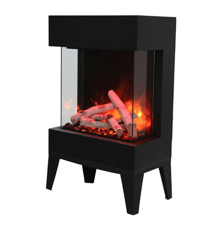 Black electric fireplace with glass panels, glowing faux flames, and logs.