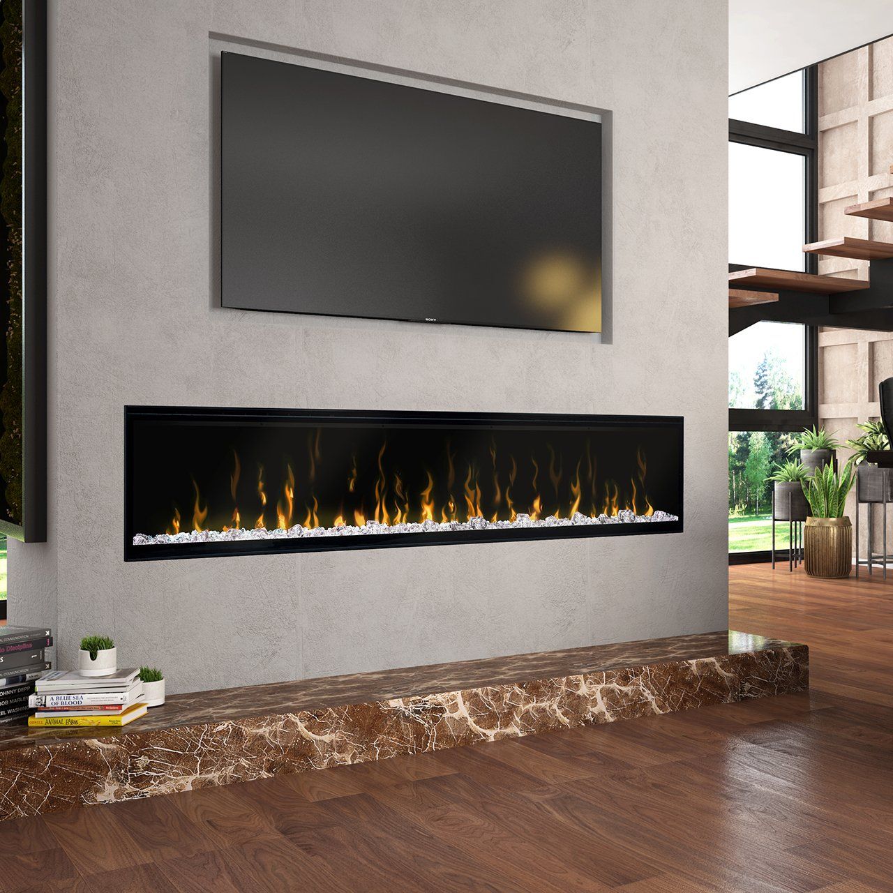 Electric fireplace below a TV on a textured wall, with a wooden floor.