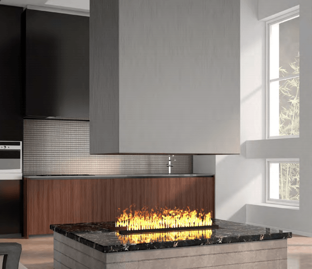 Modern kitchen island with built-in fireplace, stainless steel hood, and dark cabinets.
