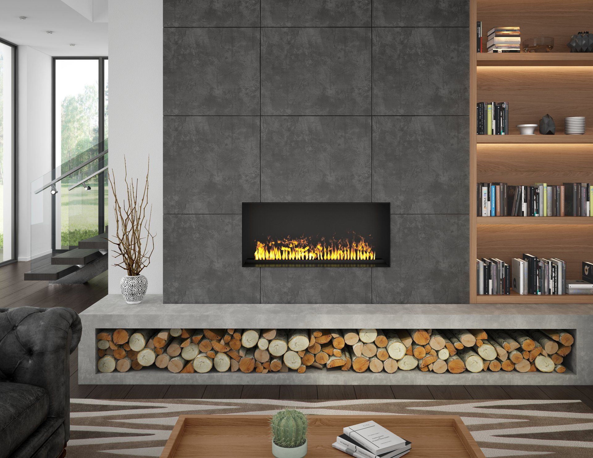 Modern living room with a fireplace, logs, bookshelf, and large windows.
