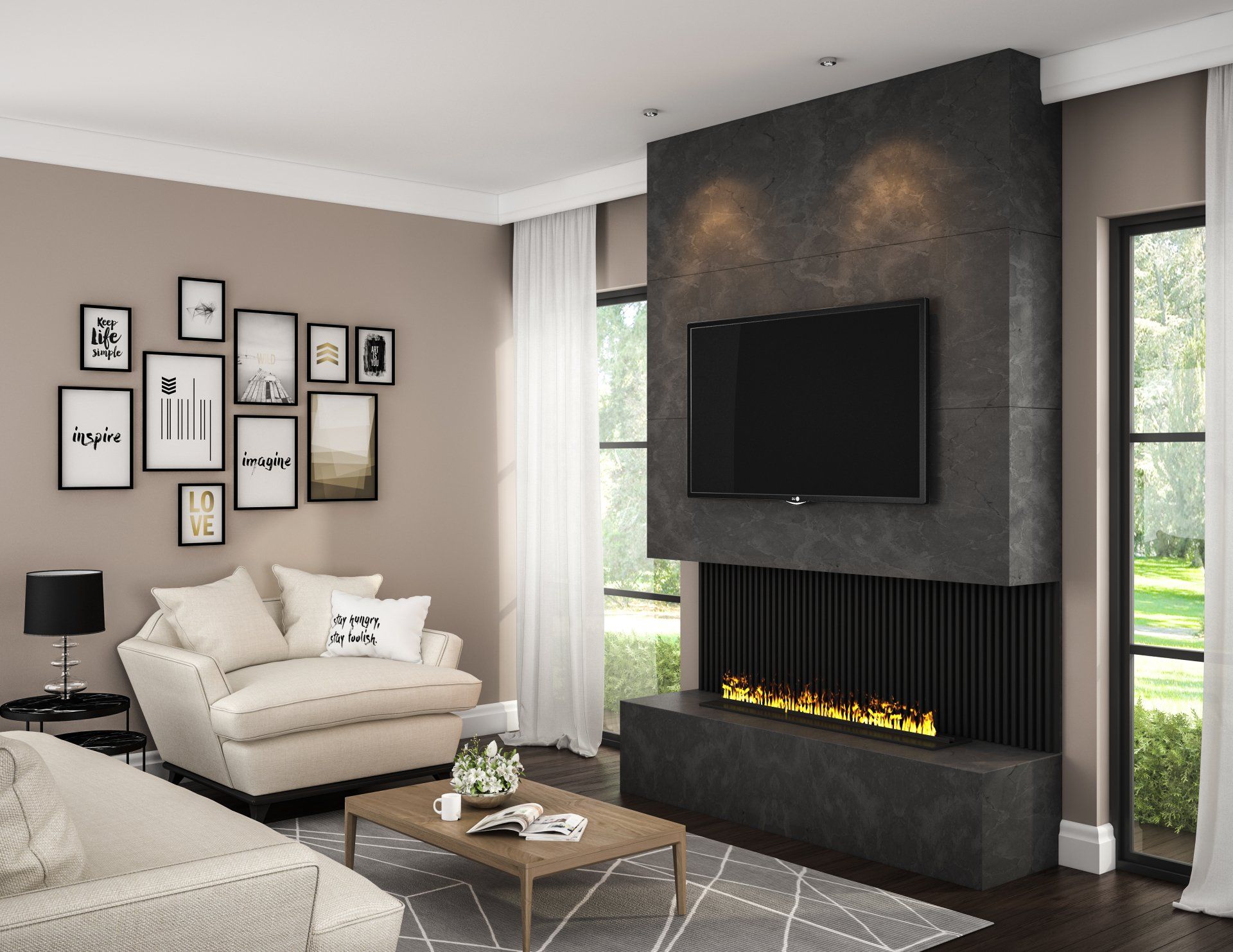 Living room with a fireplace, TV, and gallery wall. Beige walls, gray stone, and a modern design.