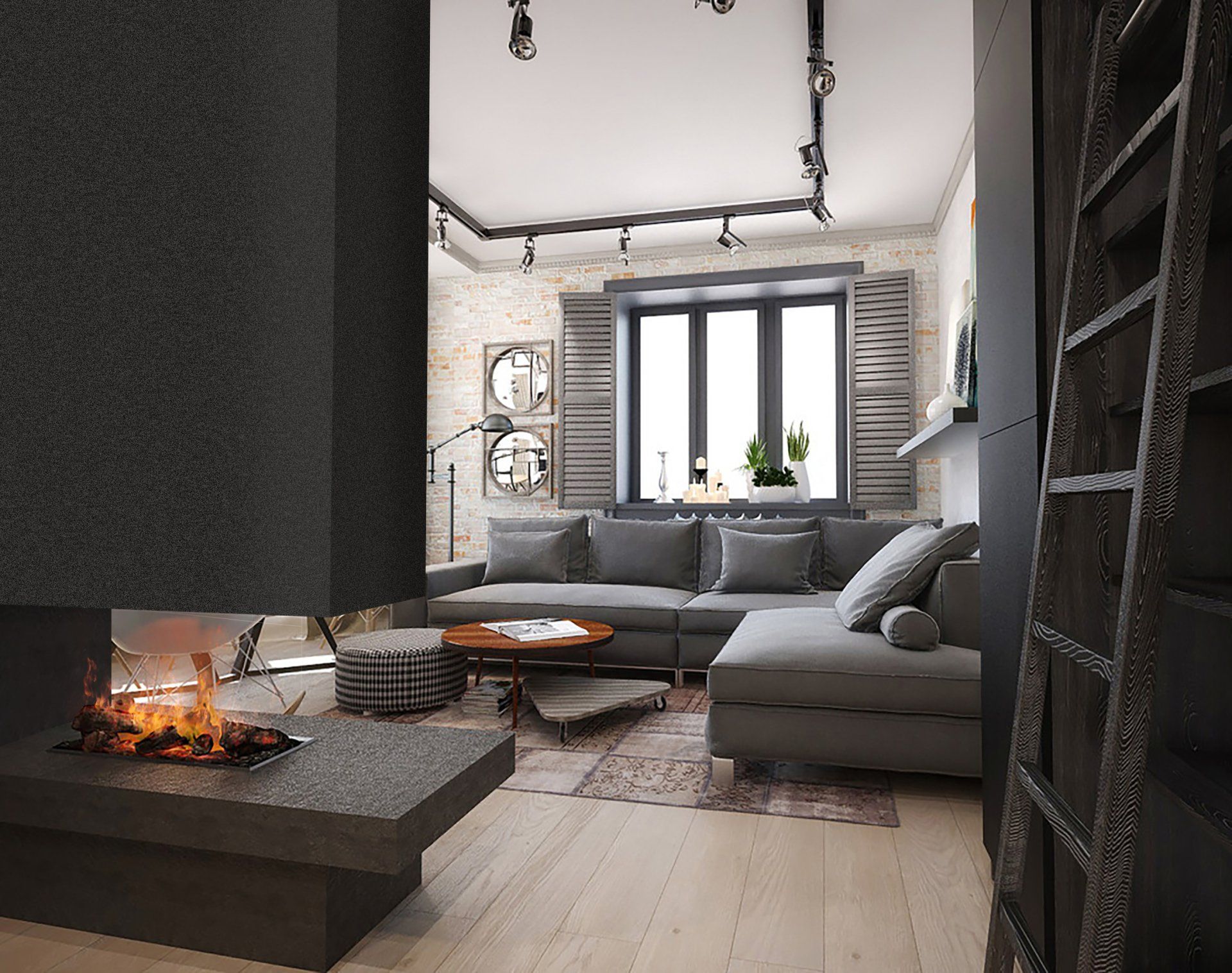 Cozy living room with fireplace, gray sectional sofa, and wooden floors.