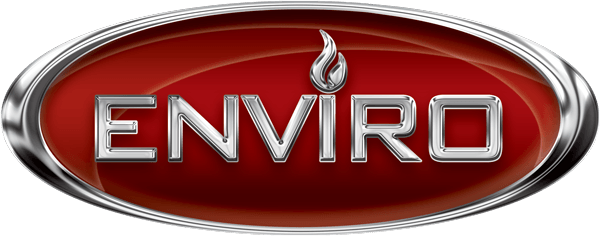 Logo for Enviro, featuring silver text and flame on red oval, framed in silver.