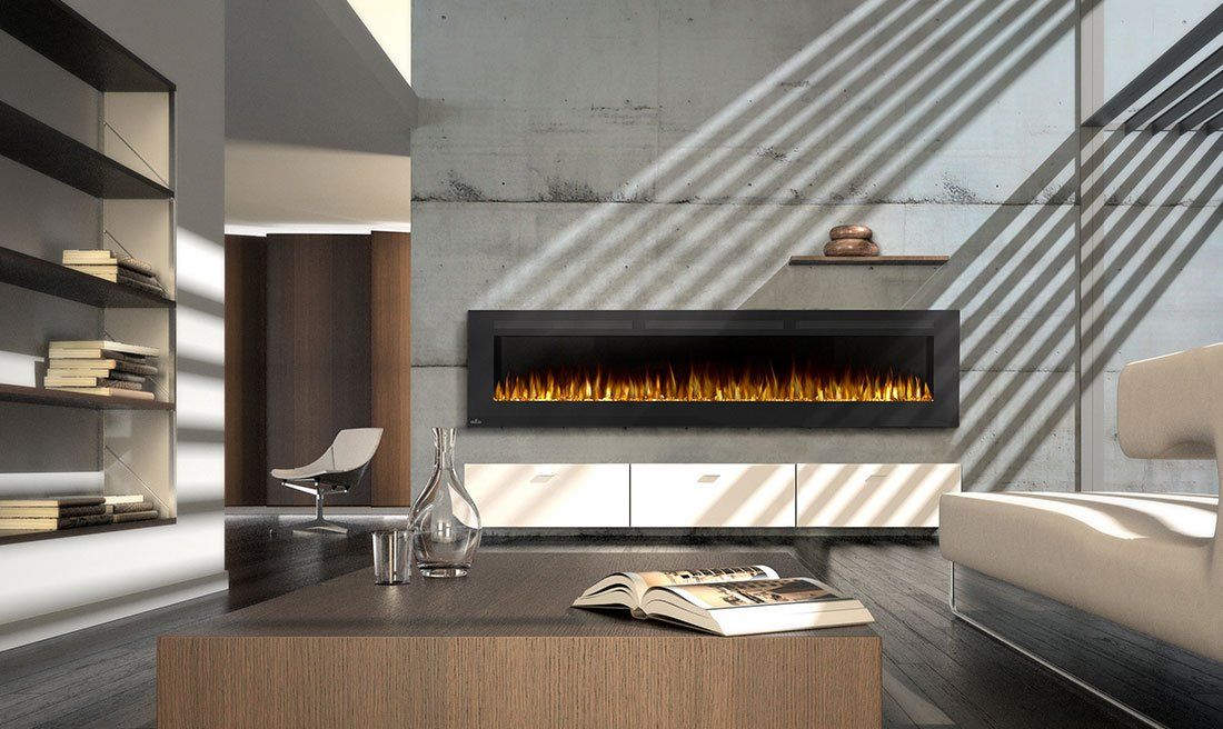 Modern living room with a linear fireplace, coffee table, and shelving; sunlight streams across a concrete wall.