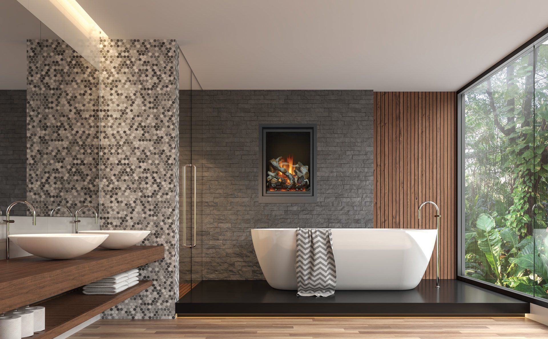 Modern bathroom with a bathtub, fireplace, and large window overlooking greenery.