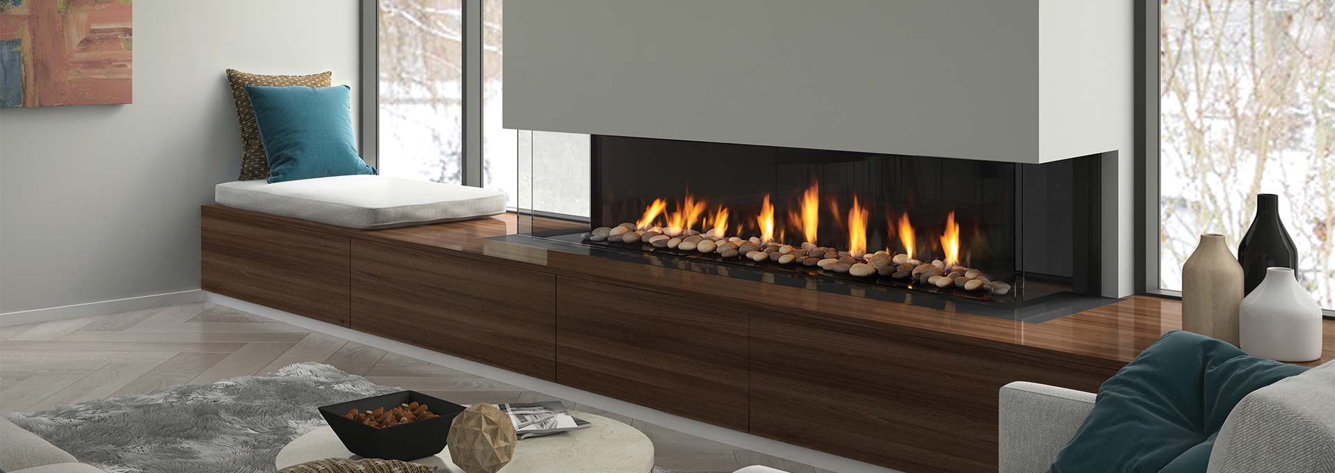 Modern living room with a fireplace, window seat, and decor.