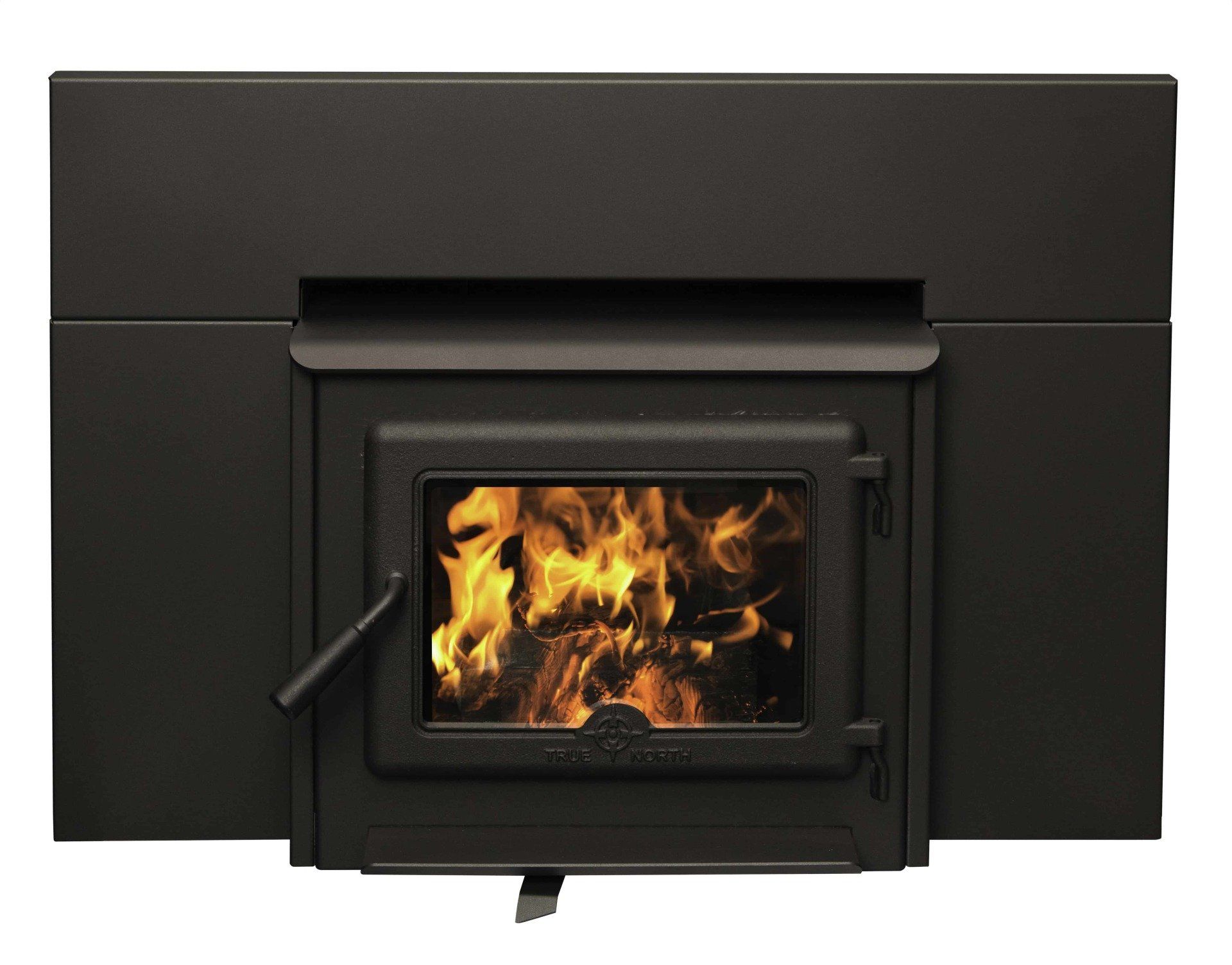 Black fireplace insert with burning flames visible through the glass door.