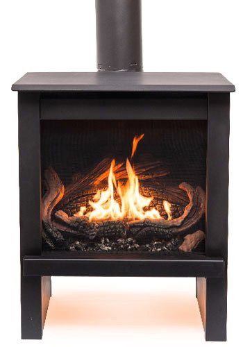 Black gas fireplace with flames, metal chimney, and dark interior.