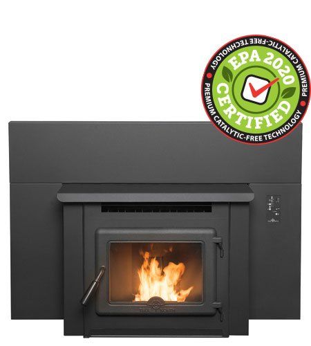 Black pellet stove with flames, EPA 2020 certified sticker.