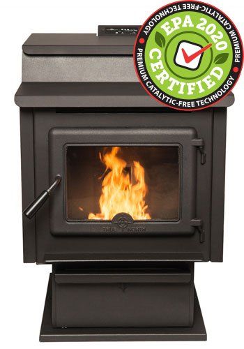Black wood-burning stove with flames visible through glass door. EPA 2020 certified sticker on the top.