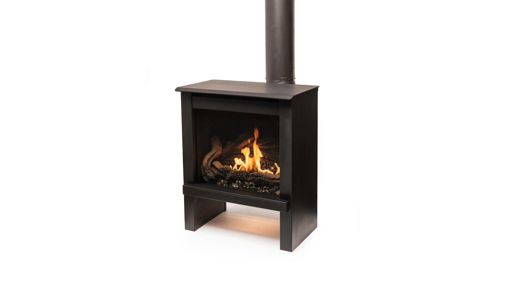 Black gas fireplace with flames, chimney, on white.