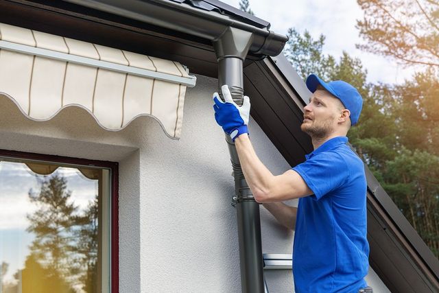 worker installing gutter pipe
