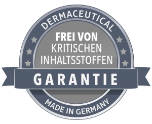 A sticker that says dermaceutical frei von kritischen inhaltsstoffen garantie made in germany