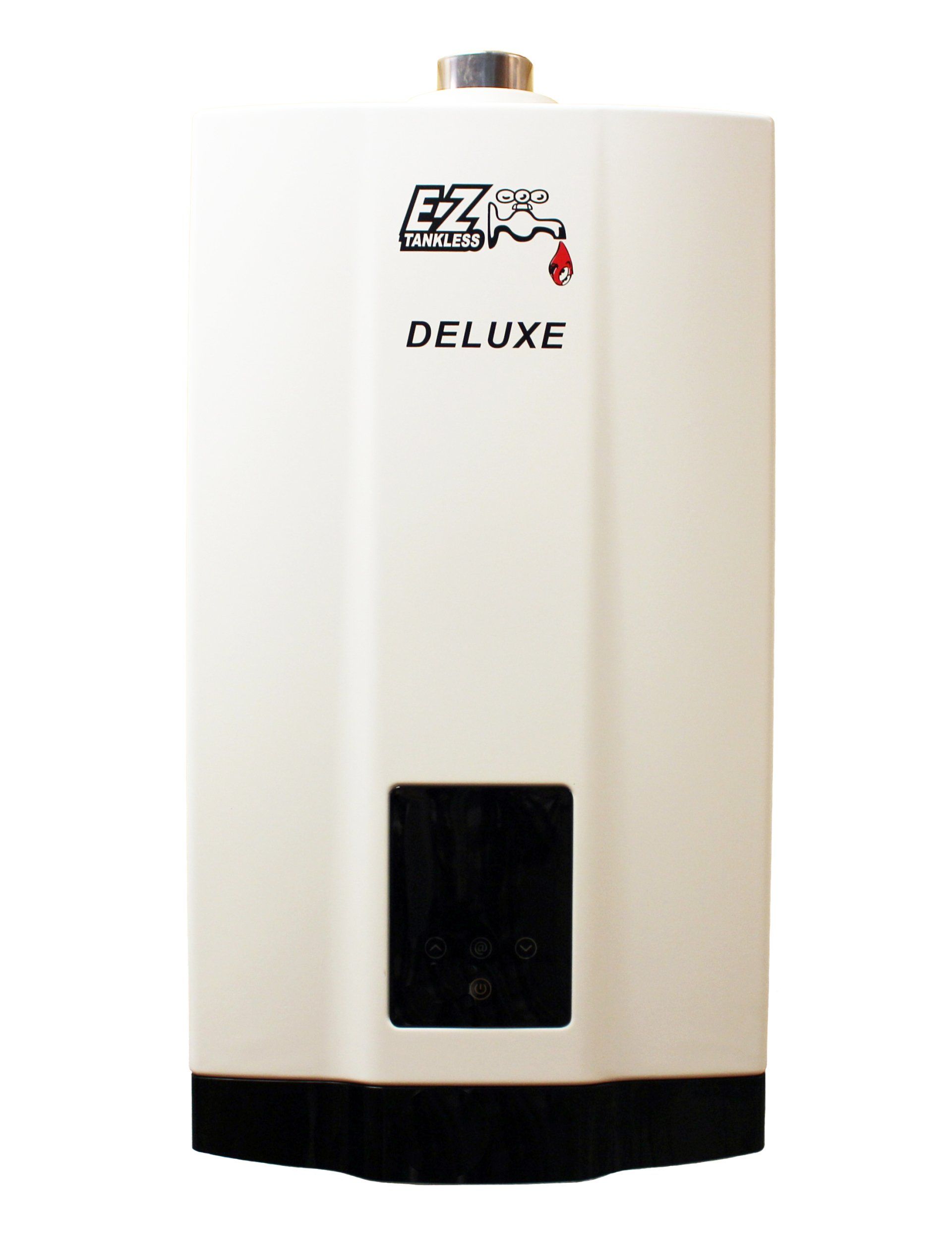 A white water heater is sitting on a white surface.