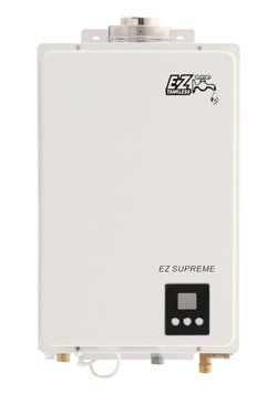 A white water heater with a digital display on a white background.