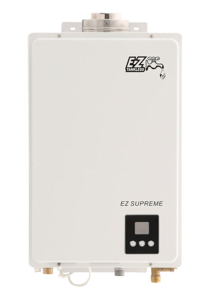 A white water heater with a digital display on a white background.