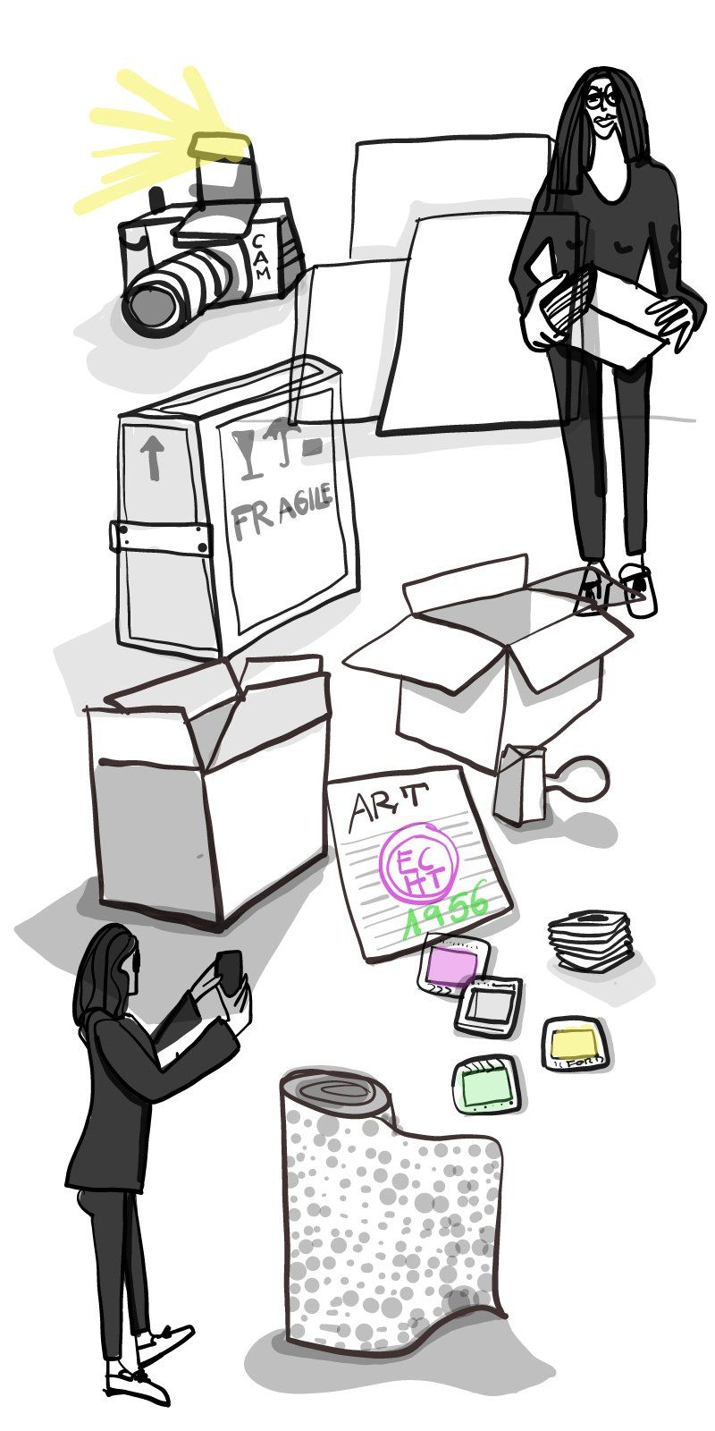 Art historian Tanja Pol standing in an Art Storage with crates and boxes