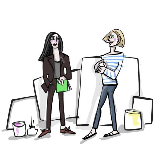 Art historian Tanja Pol and client in an artist's studio, surrounded by blank canvases and paint buckets.