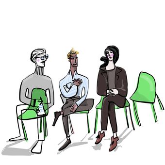 Juryarbeit Art market specialist Tanja Pol sitting next to other professionals in a jury setting, discussing artistic positions.