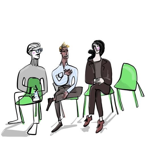 Art market specialist Tanja Pol sitting next to other professionals in a jury setting, discussing artistic positions.