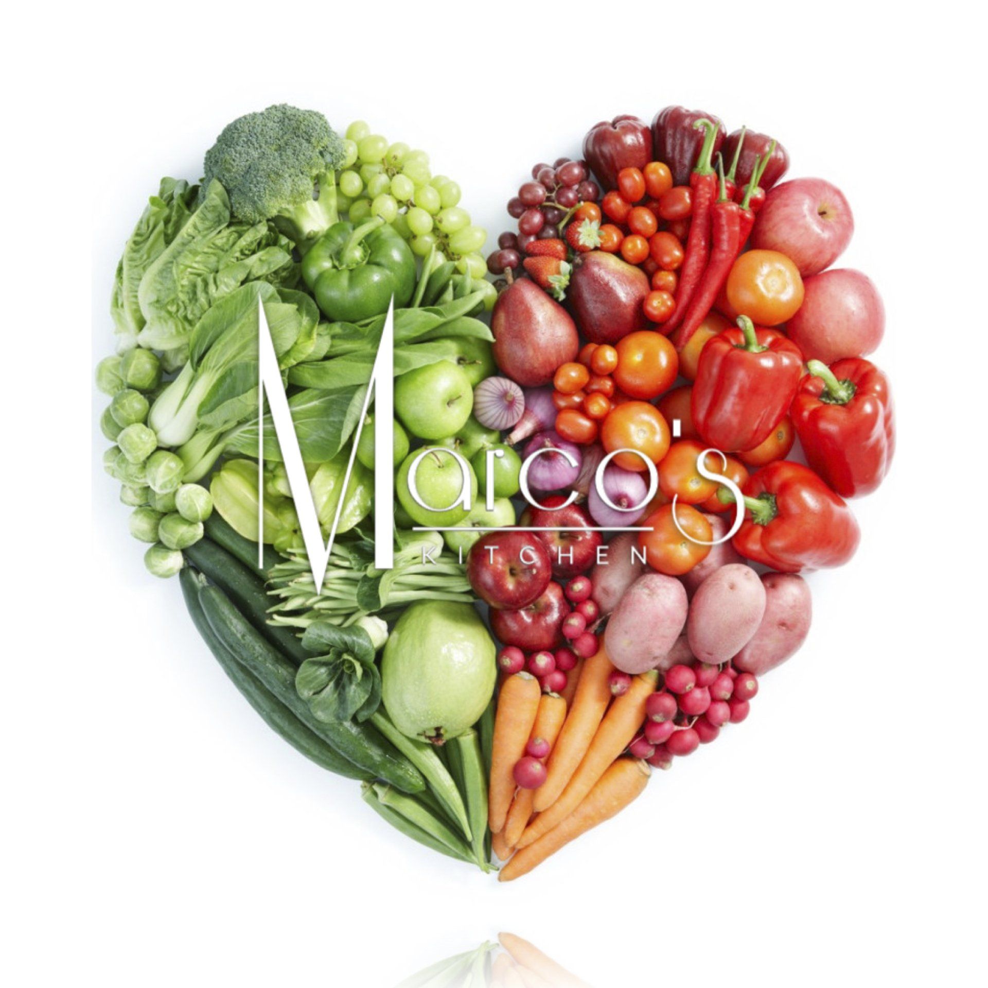 A heart made of fruits and vegetables with marco 's written on it