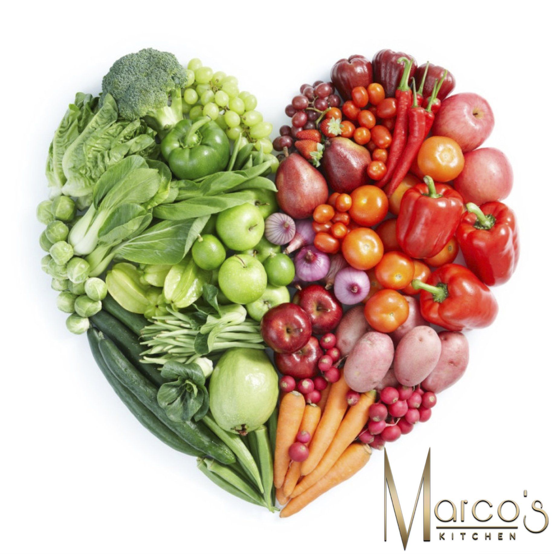 A heart made of fruits and vegetables with marco 's kitchen written on the bottom