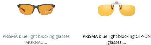A pair of prisma blue light blocking glasses and a pair of prisma blue light blocking clip on glasses.