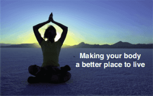 A woman is sitting in a yoga pose with the words making your body a better place to live by Infinite Inergy