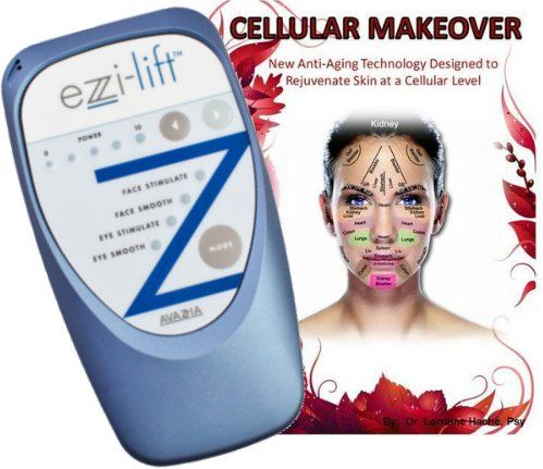 A cellular makeover device next to a picture of a woman 's face