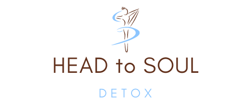 A logo for head to soul detox with a caduceus on a white background.