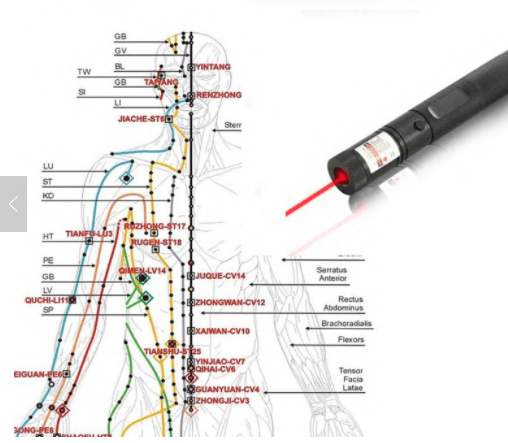 A red laser pointer is next to a human body acupuncture point diagram.