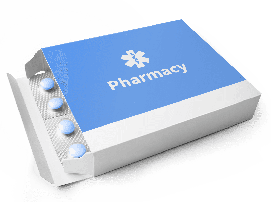 Blue pharmacy box with a white medical cross and pills visible inside on the side