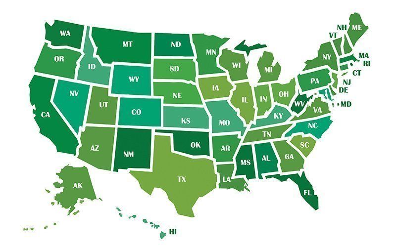 A map of the united states with green states
