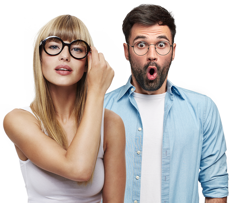 A man and a woman wearing glasses are standing next to each other.