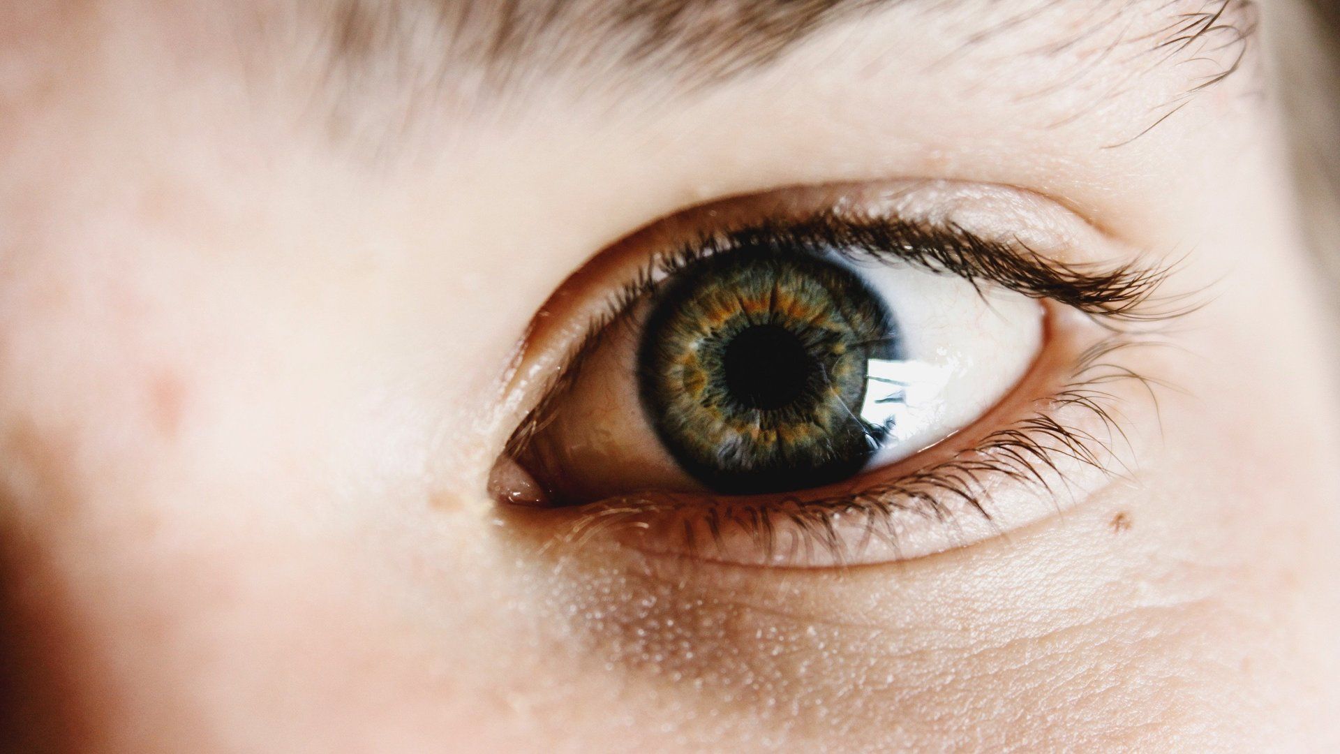 Close-up of a human eye with a green-brown iris and long eyelashes against pale skin