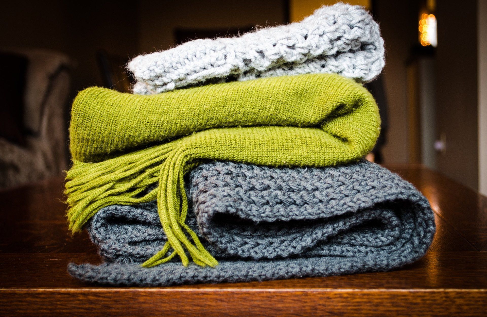Blankets, green blanket, gray blanket, cream blanket
