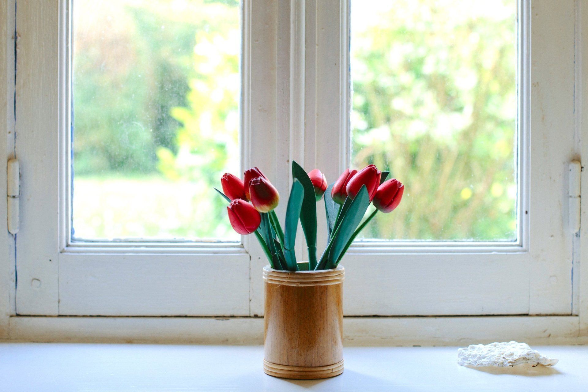 A vase of red flowers is sitting on a window sill.