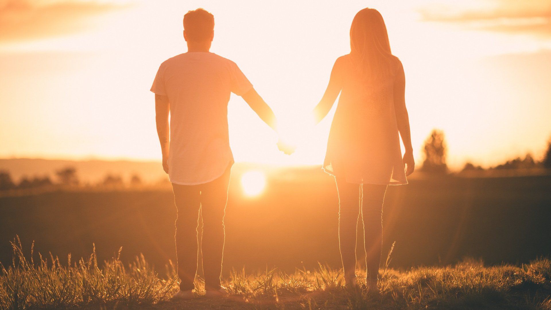 A man and a woman are holding hands in a field at sunset.