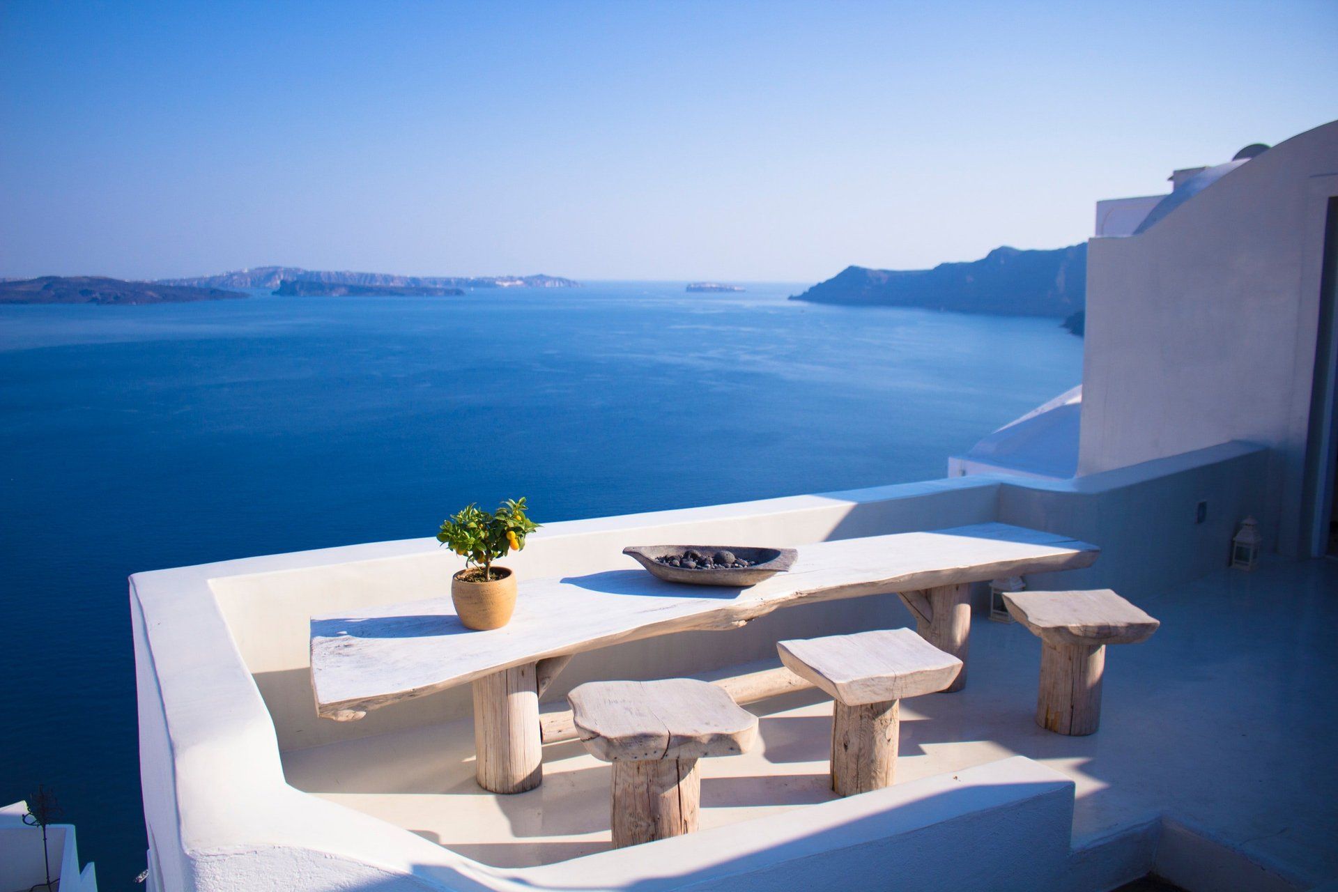 A table with a potted plant on it overlooking the ocean