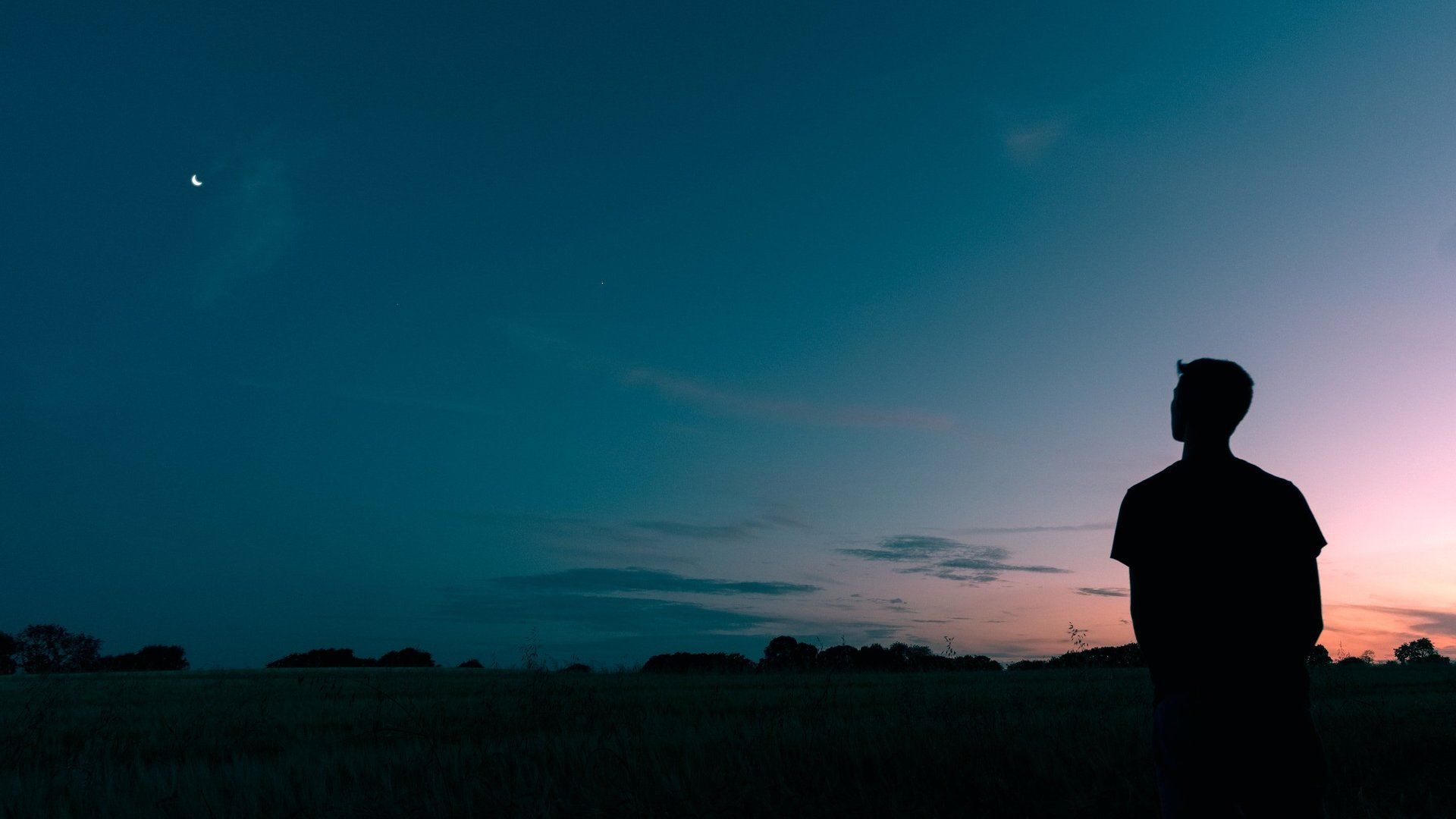 Silhouette of a person looking up at a crescent moon and stars in a twilight sky over a field.