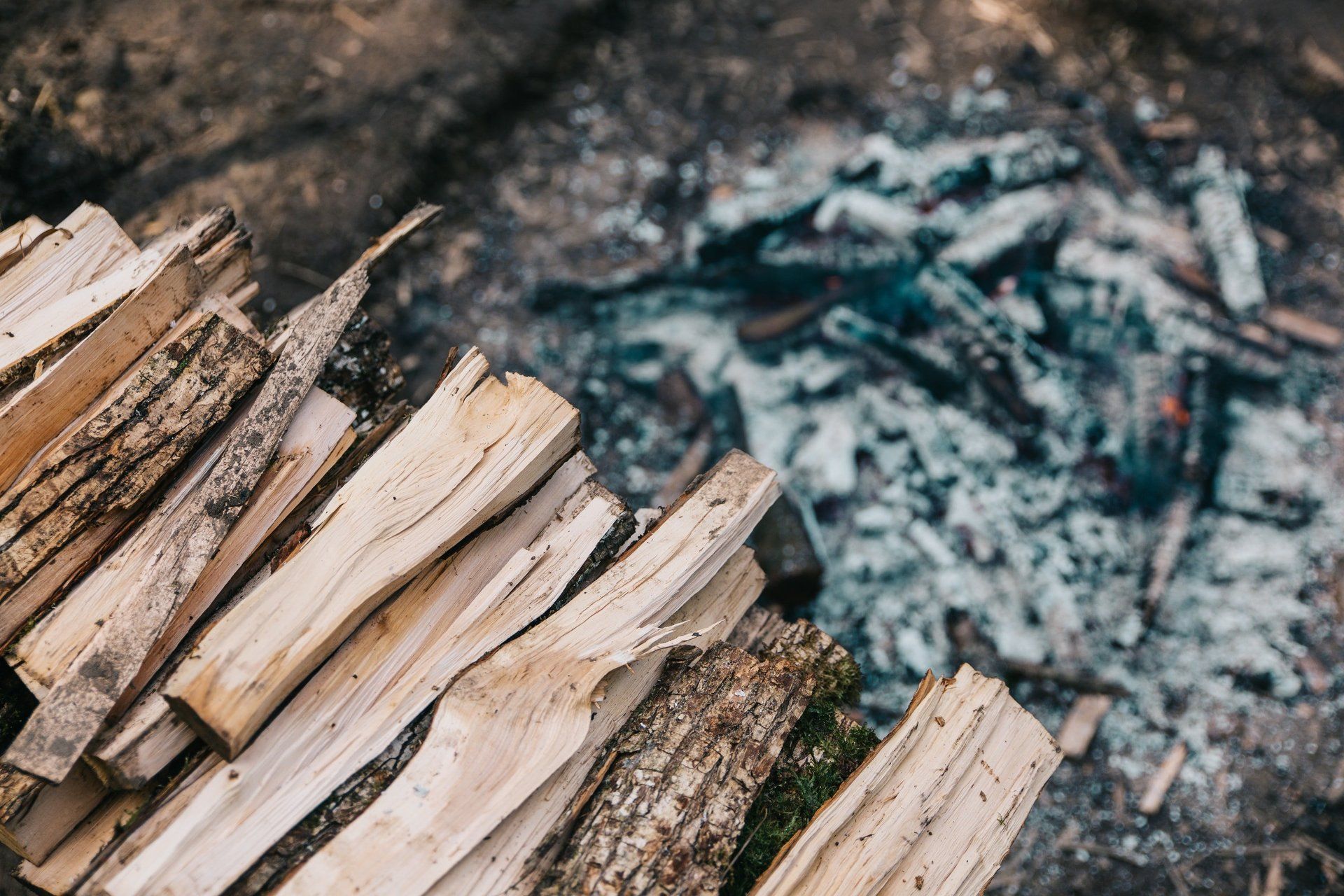 A pile of wood is sitting next to a pile of charcoal.