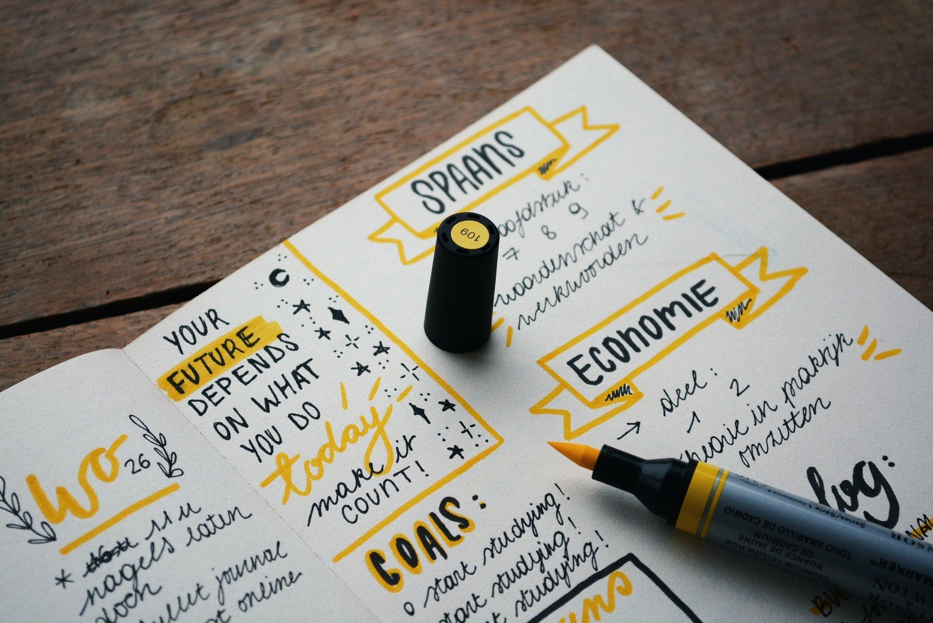 A notebook with handwritten notes and highlighted sections, including