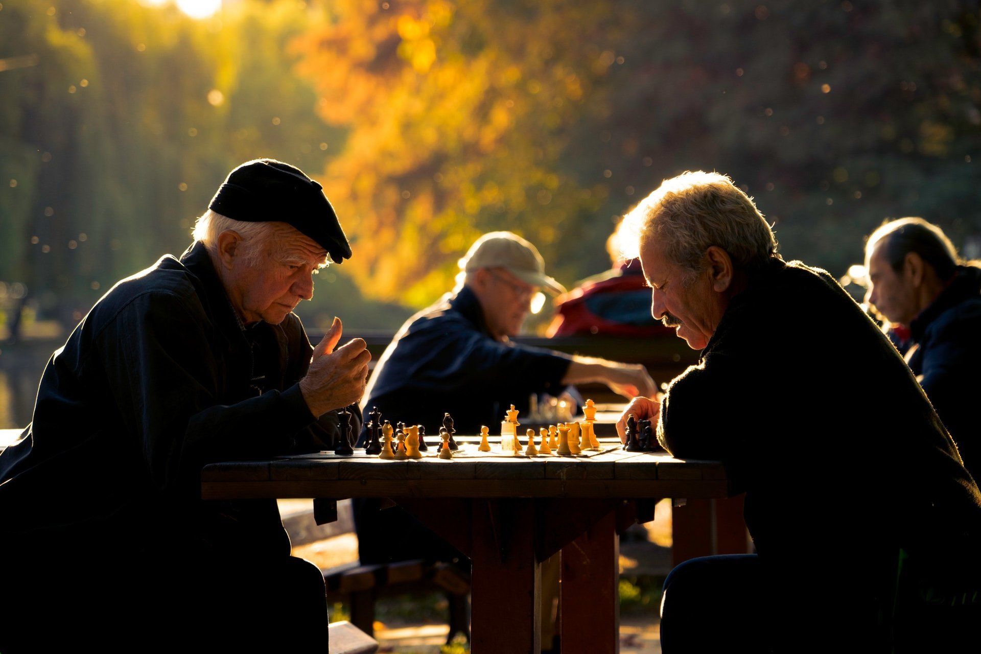 Two elderly men play chess in a park