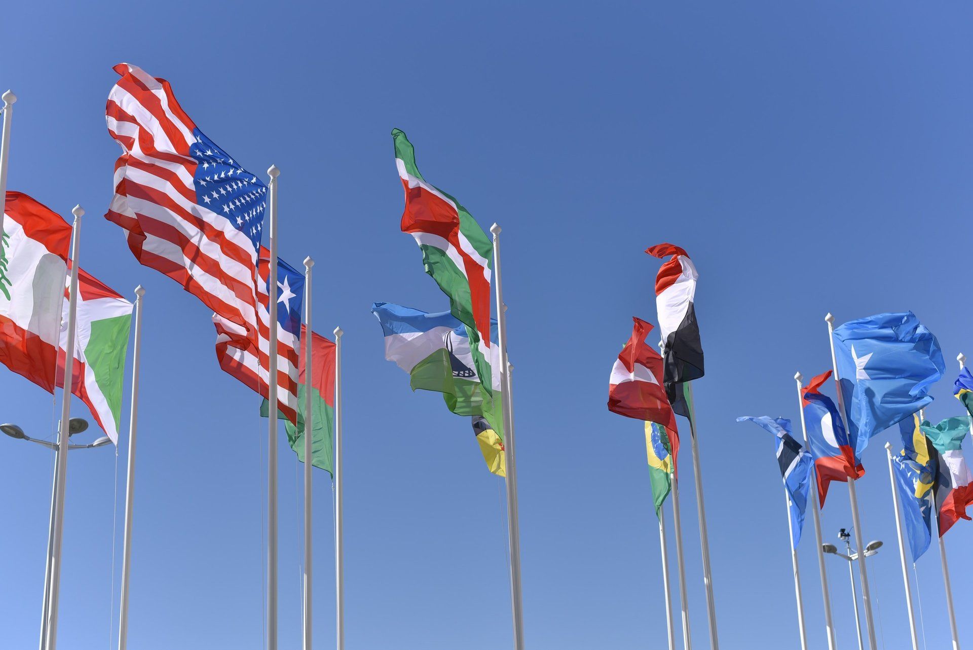 Flags of various nations flying against a clear blue sky.