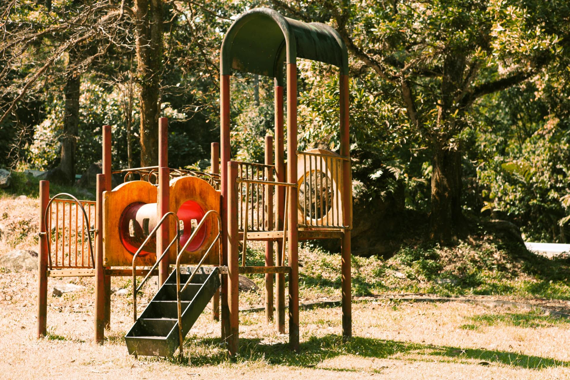 Spielplatzrutsche mit zwei orangefarbenen Rundschaukeln in einem Waldpark